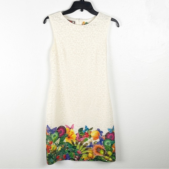 DESIGUAL Cream Lace Butterfly Floral Hem Lined Sleeveless Dress, Size XS - Picture 1 of 10